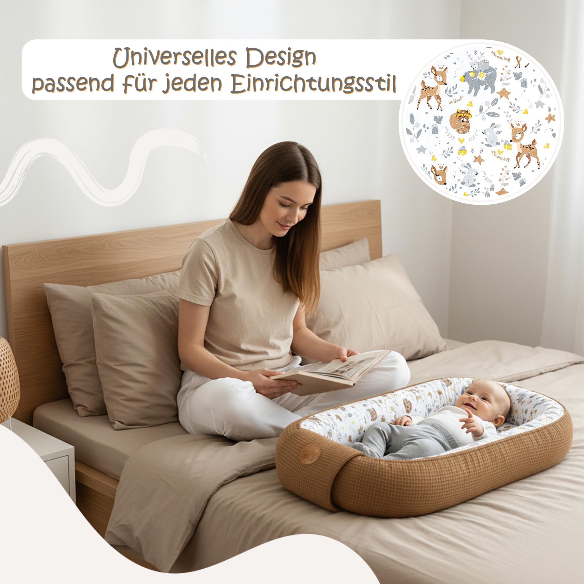 Kokon z zakładką i naszywką Totsy Baby bawełna jelonki i niedźwiedzie + wafel brązowy 65x120
