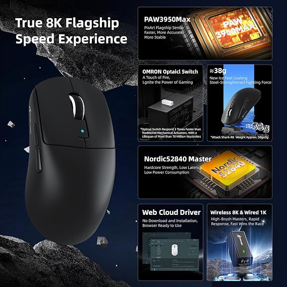 ATTACK SHARK R6 Wireless Gaming Mouse,38G Ultra-Lightweight Trip-Mode 2.4G/USB-C/Bluetooth Mouse Gaming with PAW3950MAX Sensor,42000 DPI,50G Accelerated Speed for PC/Laptop/Mac -Black&Tape