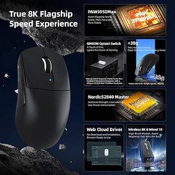 ATTACK SHARK R6 Wireless Gaming Mouse,38G Ultra-Lightweight Trip-Mode 2.4G/USB-C/Bluetooth Mouse Gaming with PAW3950MAX Sensor,42000 DPI,50G Accelerated Speed for PC/Laptop/Mac -Black&Tape