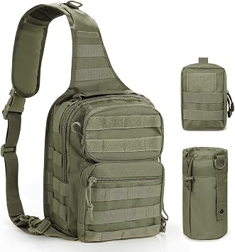 3-Pack Combo Sling Pack & Molle Pouch Waist Bag Pack & Water Bottle Pouch Holder Green