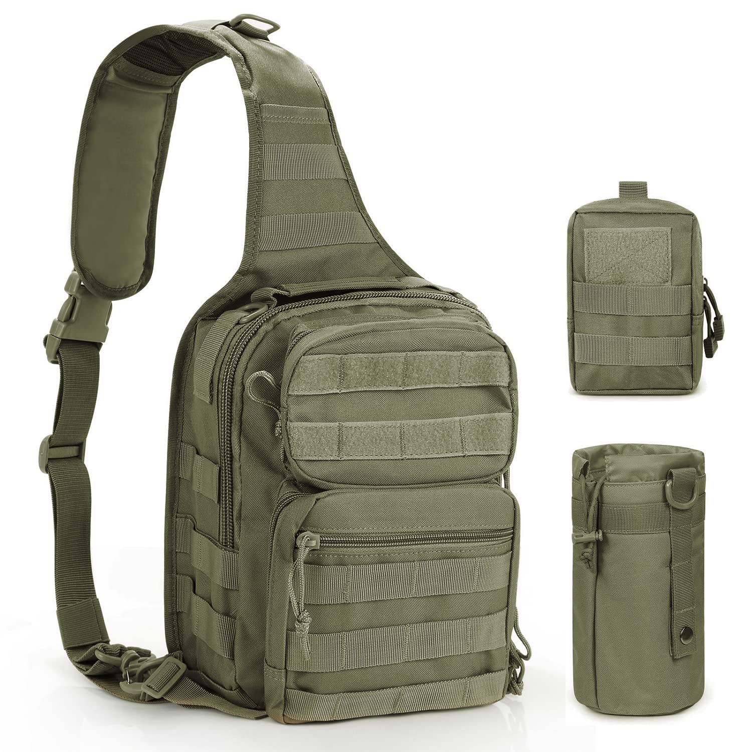 Paquete de 3 riñoneras y riñonera Molle y soporte para botella de agua, color verde