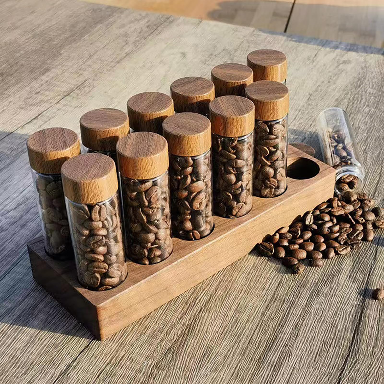 Walnuss Massivholzsockel Kaffeedosen 12 Rhren Kaffeebohnen-Aufbewahrung  aus Holz fr einzelne Portionen, Glasflschchen mit Deckeln,  Behlter-Displaystnder : Amazon.de: Kche, Haushalt & Wohnen