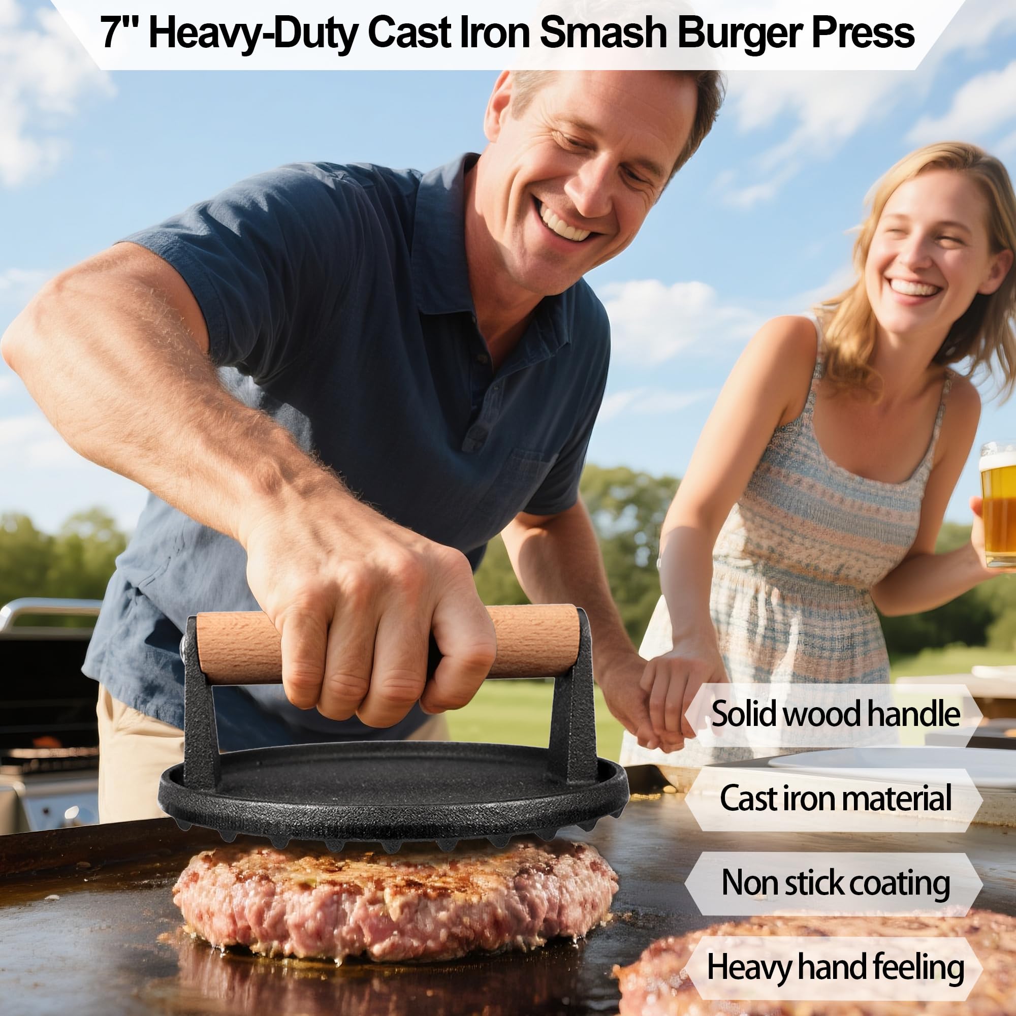 7-teiliges Smash-Burgerpressen-Set – 3-in-1 Hamburgerpresse Patty Maker, 17,8 cm Gusseisen-Burgerpresse, Spatel, antihaftbeschichtete Patty-Papier, Gewürzstreuer und Bürste, Burgerzerkleinerer für