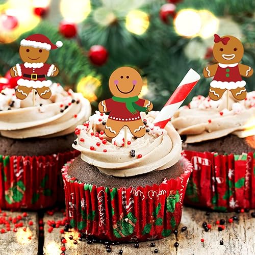 Miniatura 4 de 48 adornos de Navidad para cupcakes con palos y punta de pegamento, 7 diseños de hombre de jengibre, lindos adornos de comida de Navidad para