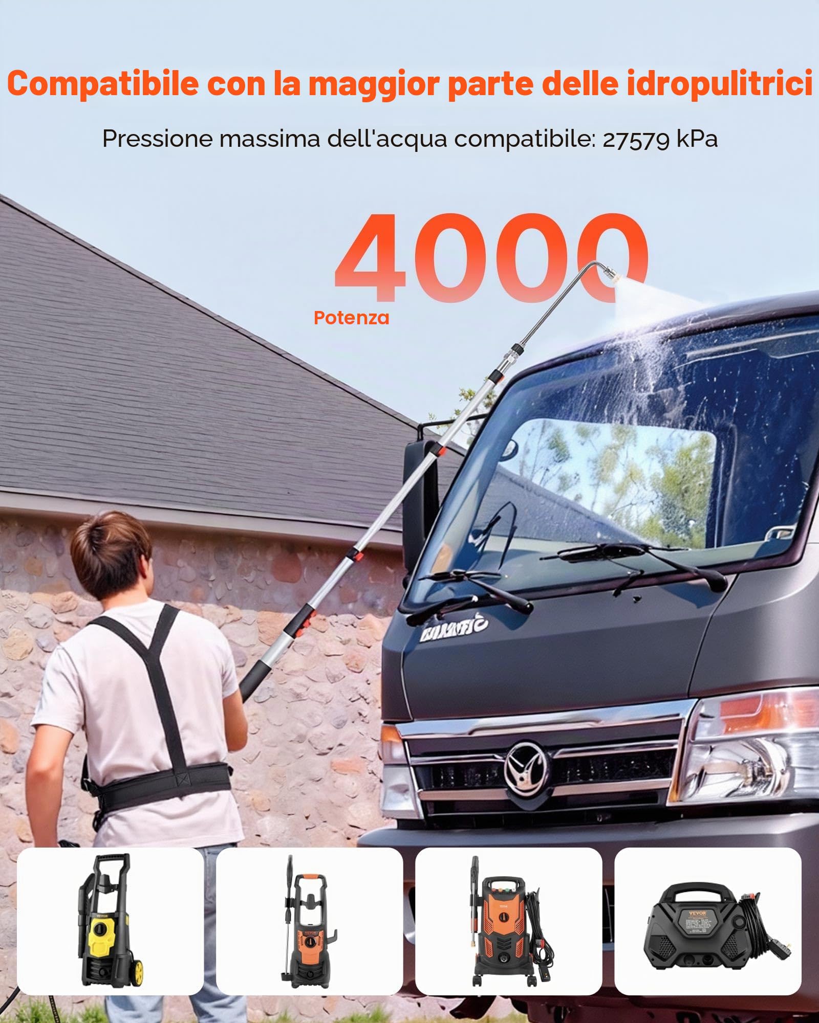 VEVOR Lancia Telescopica per Idropulitrice da 7,62 m, Lancia Estensibile per Idropulitrici con 7 Ugelli, Adattatore, Tubo ad Alta Pressione, Cintura di Supporto, Testina Spazzola, 4000 PSI per Parete