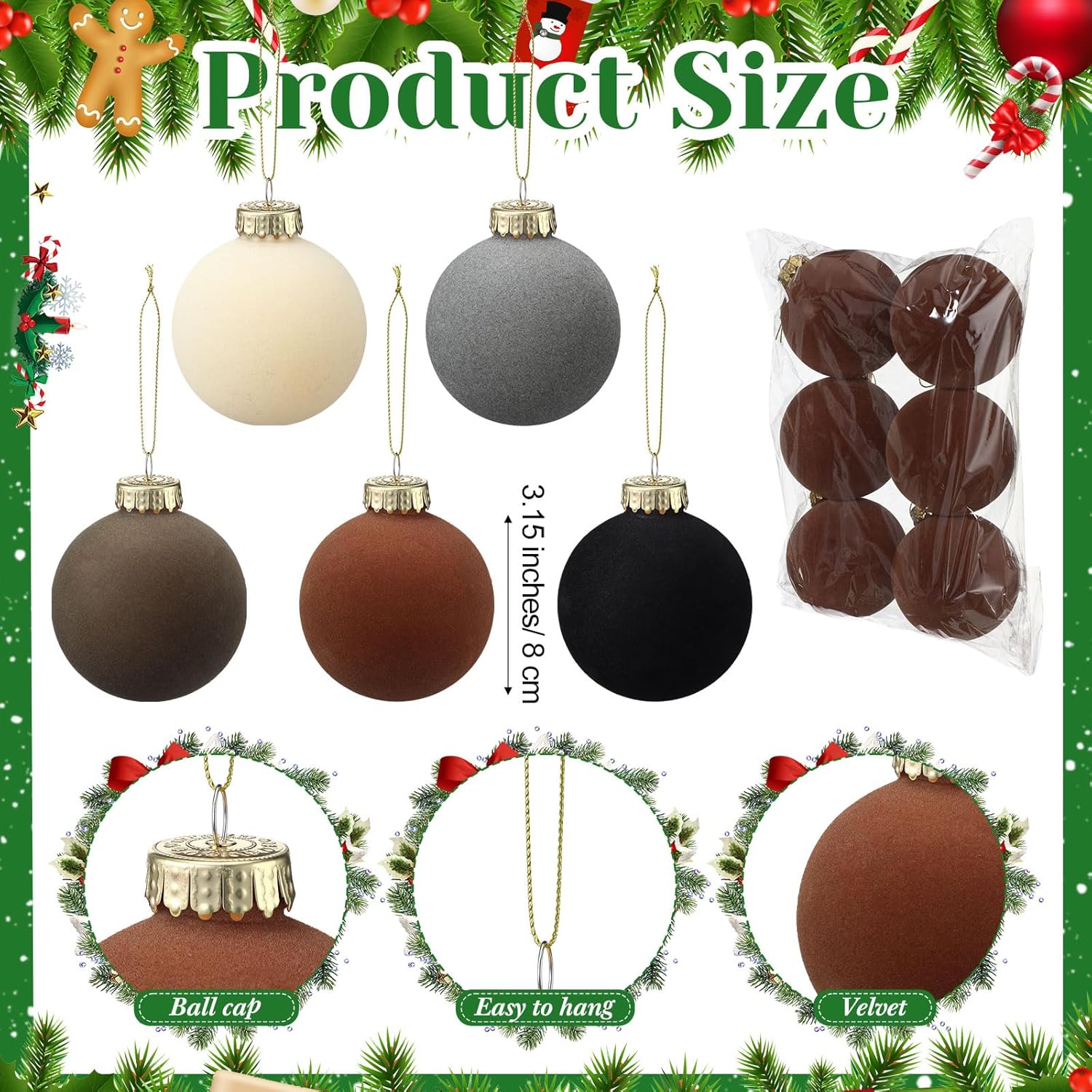 30 Pcs Brown Velvet Christmas Balls Bulk 3.15 Inch Coffee Flocked Christmas Tree Ball Ornaments, Plastic Xmas Decorative Shatterproof Hanging Ornaments Bulb Loop for Party Holiday Brown Coffe