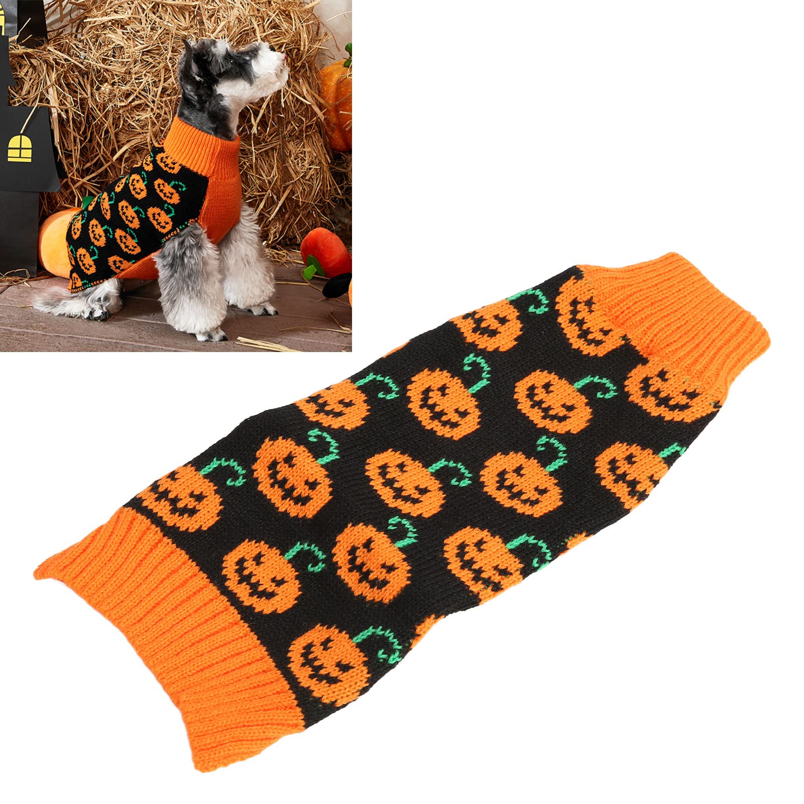 Halloween Hundepullover Gestreift Mit Kürbis-Motiv – Weicher Rollkragenpullover Mit Leinenloch Für Kleine & Große Hunde