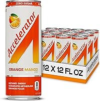 Vista 1 de Bebida energética Accelerator, sabor naranja y mango, 12 onzas (paquete de 12), sin azúcar, energía sostenida de cafeína 100% natural