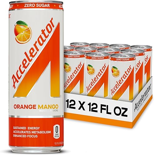 Bebida energética Accelerator, sabor naranja y mango, 12 onzas (paquete de 12), sin azúcar, energía sostenida de cafeína 100% natural (200 mg de