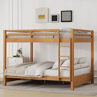 Merax Modern Queen Over Queen Size Wood Bunk Bed with Ladder, No Box Spring Required, Space-Saving, Wood Color