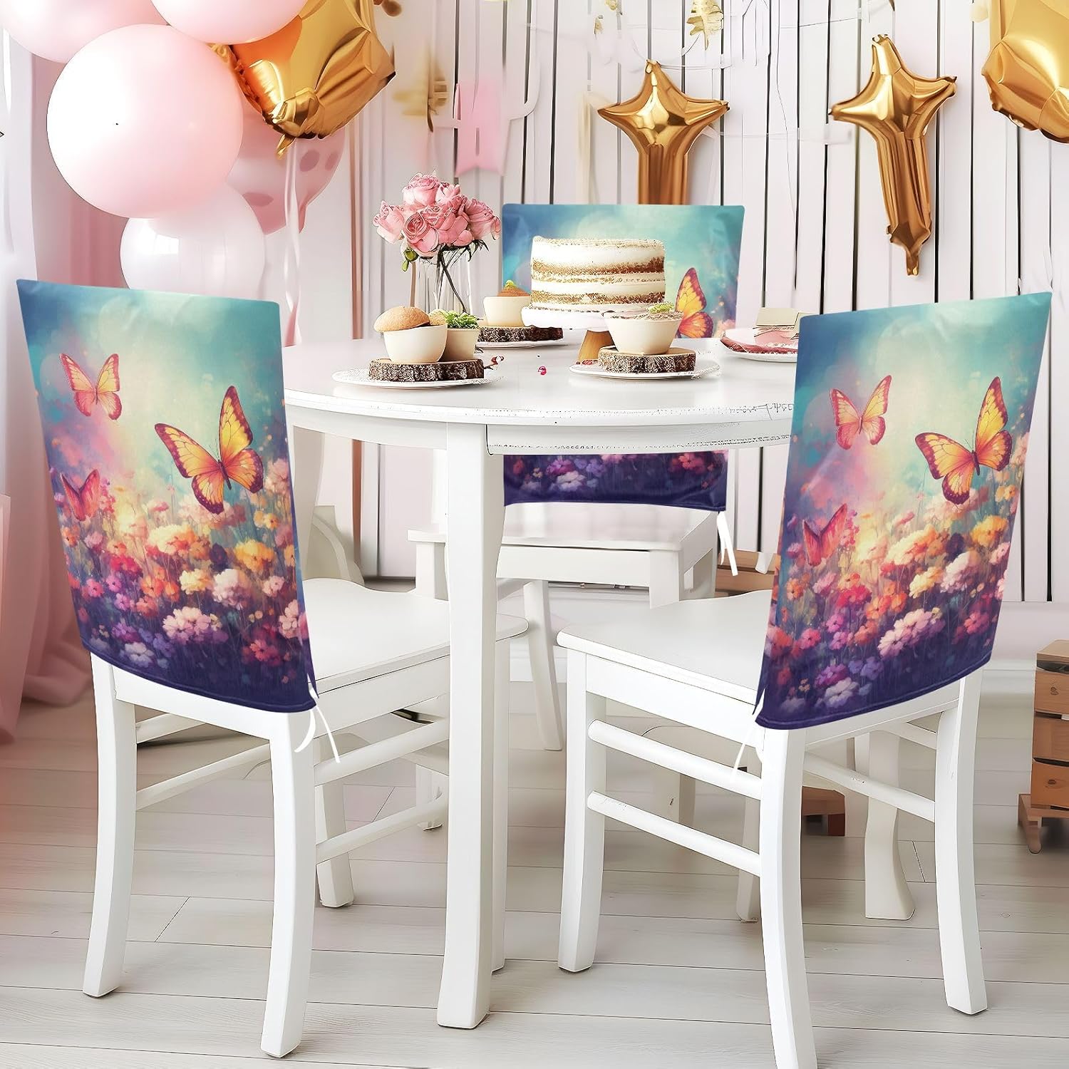 ALAZA Butterfly Flowers Rainbow Chair Back Cover Set of 6, Washable Reusable Removable Chair Slipcovers Decorative Chair Cover for Home Kitchen Wedding Party
