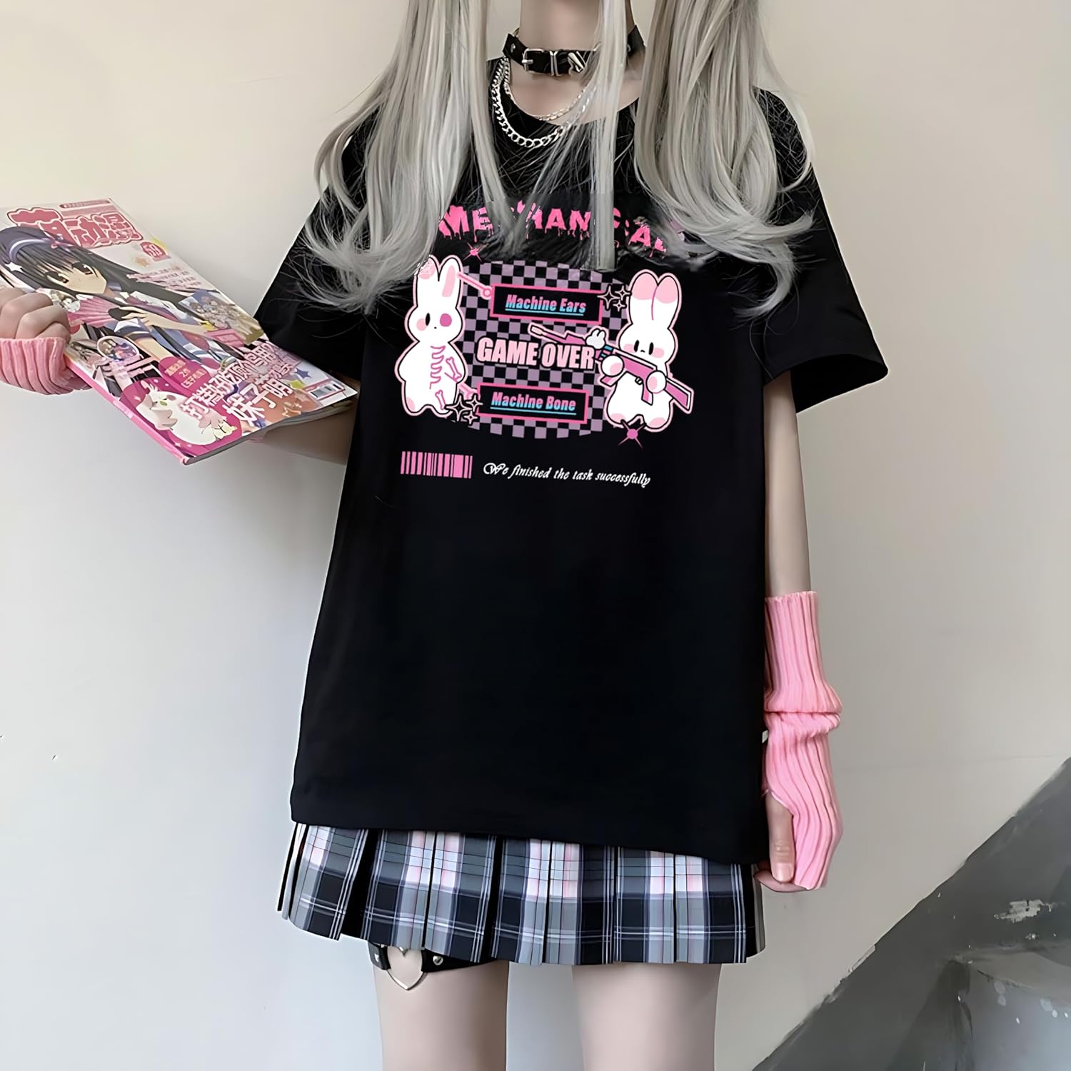 Harajuku Kawaii Fashion Pastel Goth Casual Style Soft Crewneck Cartoon Mechanical Bunny Print T-Shirt - Image 3