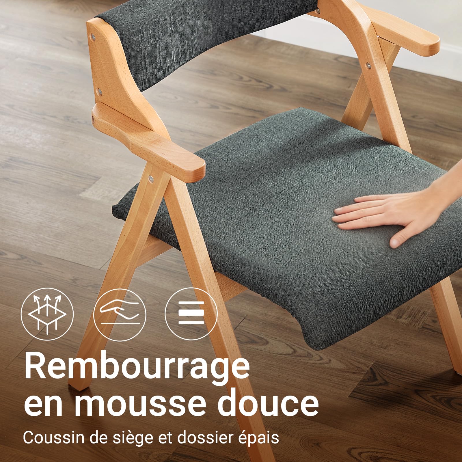 SoBuy Chaises de Salle à Manger Pliantes, Lot de 2, 61,5×56×77,6 cm | Chaises en bois massif avec coussin confortable, pliables, pour cuisine, salon, bureau et jardin, Gris foncé, FST98-SGX2