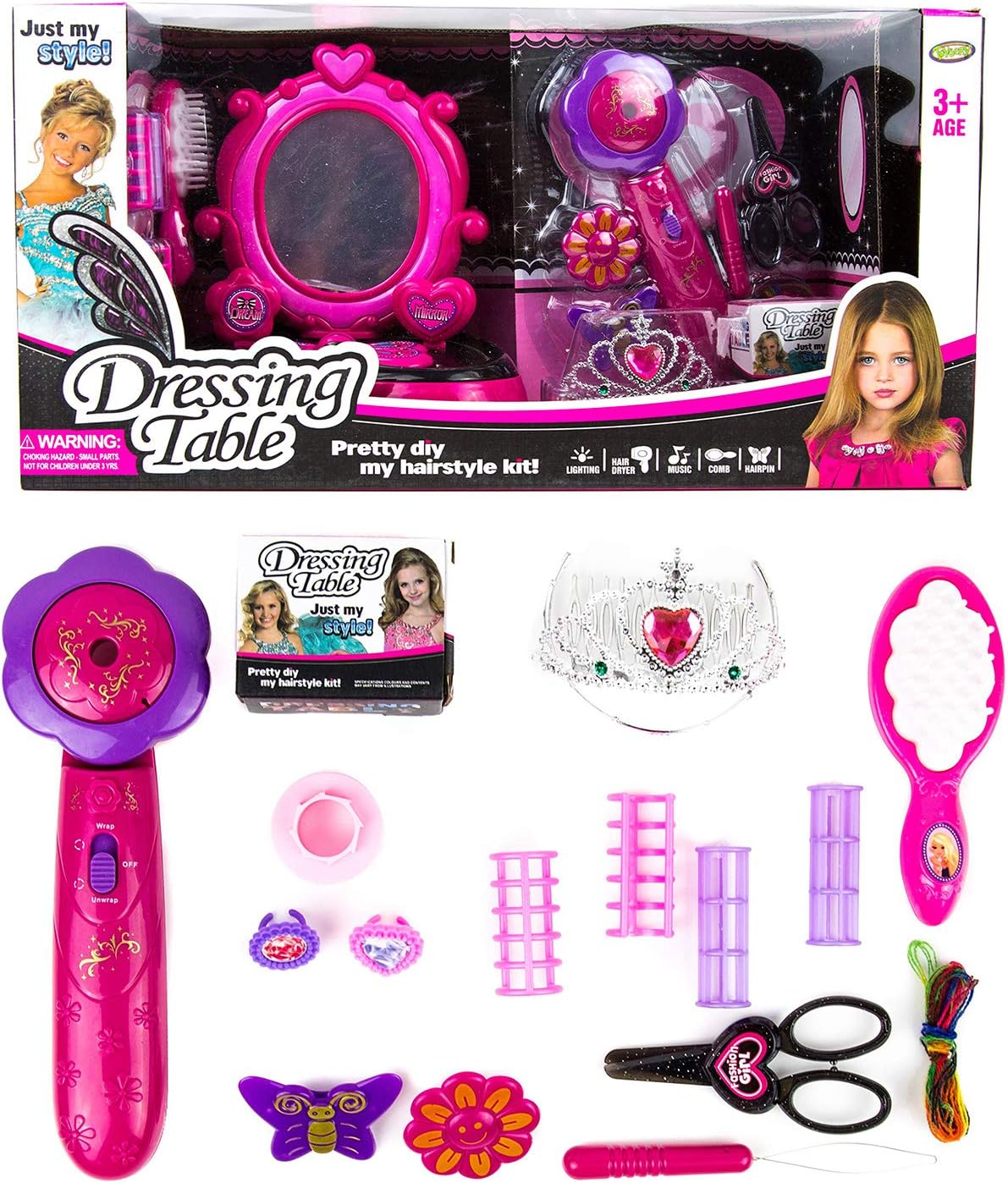 Toysery Pretend Play Kids Dressing Table, Princess Vanity Dresser Table Set, Little Girl Portable Makeup Table Toddler Toy with Lights, Sounds, Beauty Mirror, Fashion and Makeup Accessories Tool Kit : Toys & Games