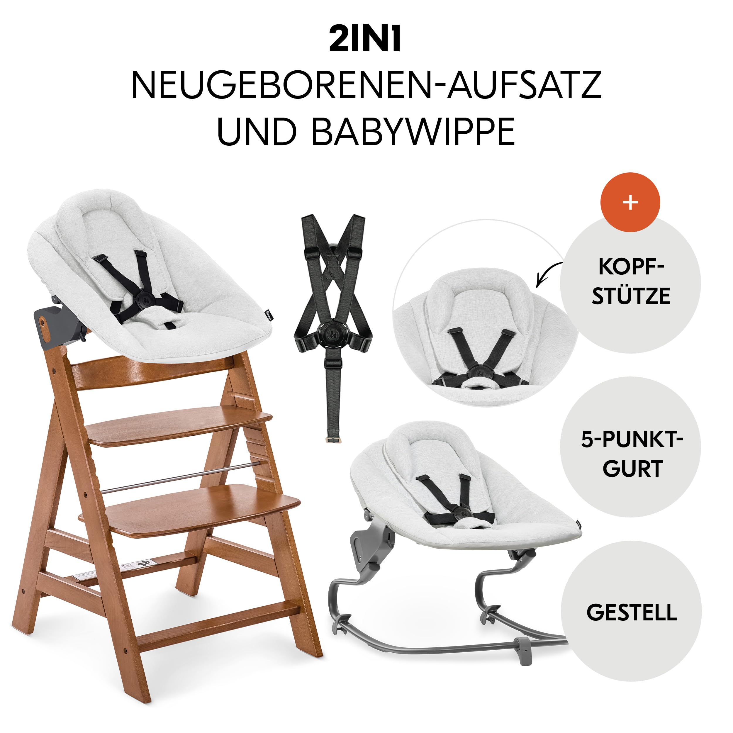 hauck Alpha+ Hochstuhl Newborn Set mit Premium Bouncer - Walnuss