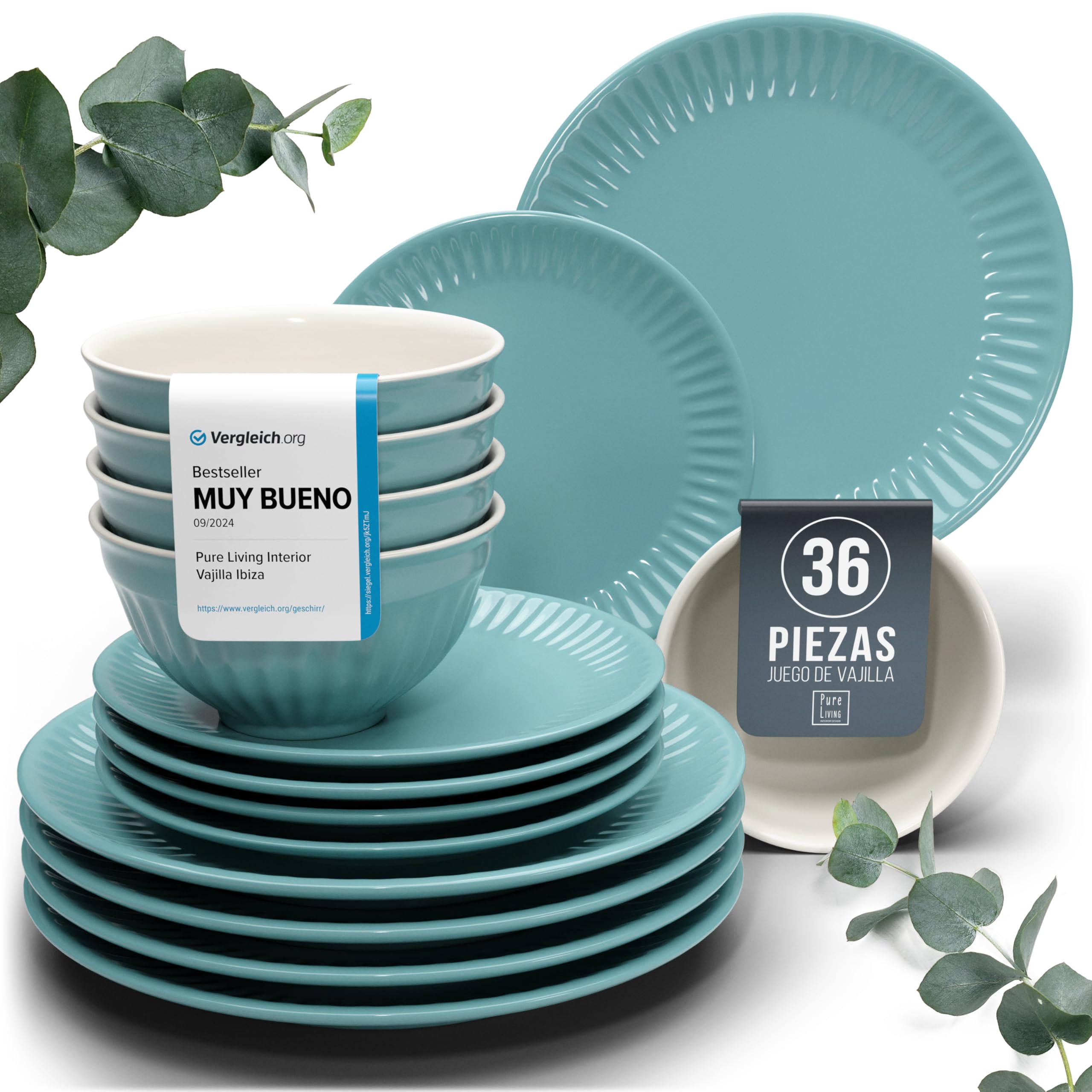 Elegante juego de vajilla de 36 piezas, serie Hygge, juego de cuencos y platos, vajilla de cerámica para 12 personas, apta para lavavajillas y microondas, color verde