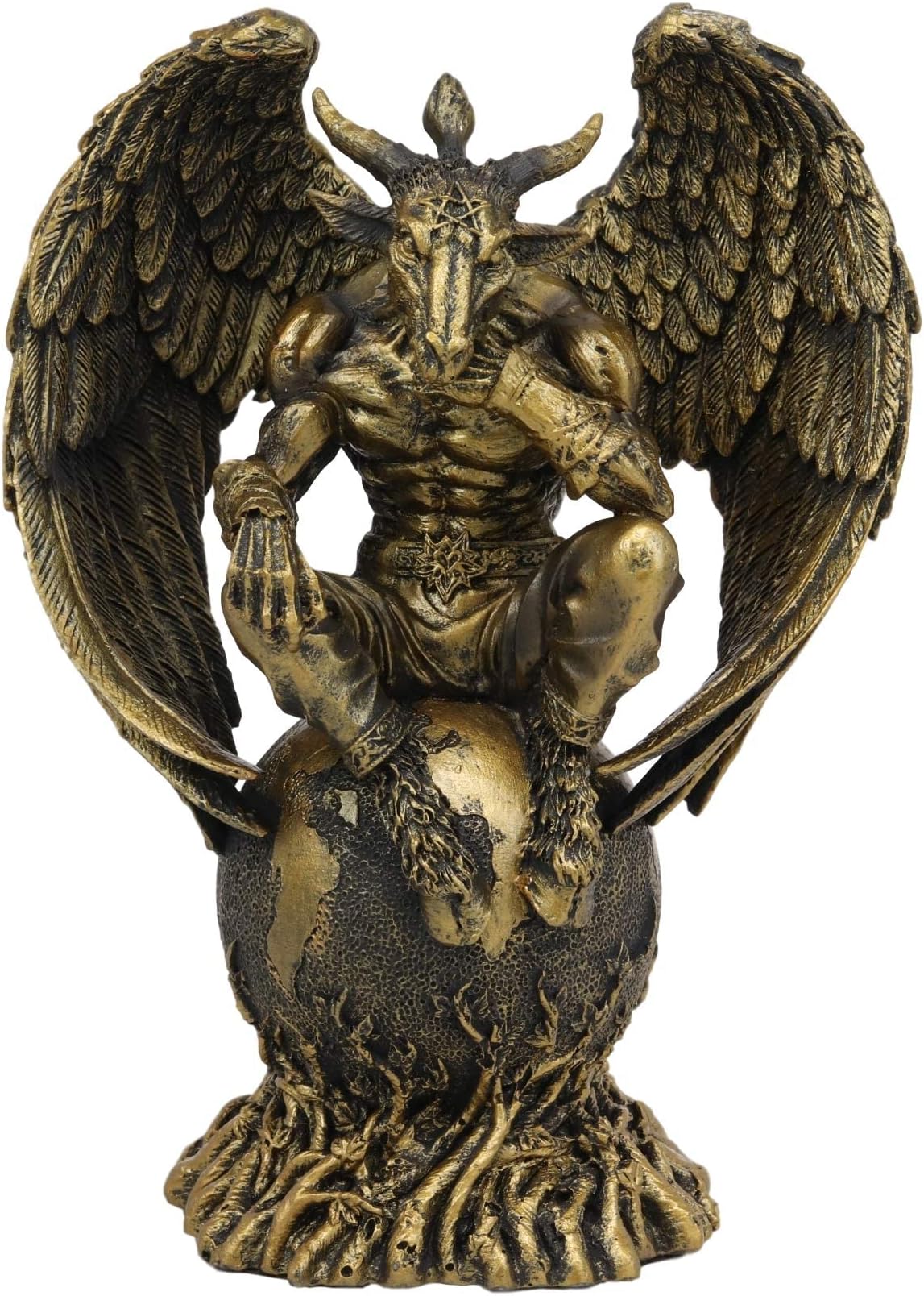 Sabbatic Goat The Thinker Baphomet Sitting On The Globe Statue 7.75" Tall Baphometh with Pentagram Star Idol Altar Figurine Golden Calf Goat of Mendes Decorative Sculpture