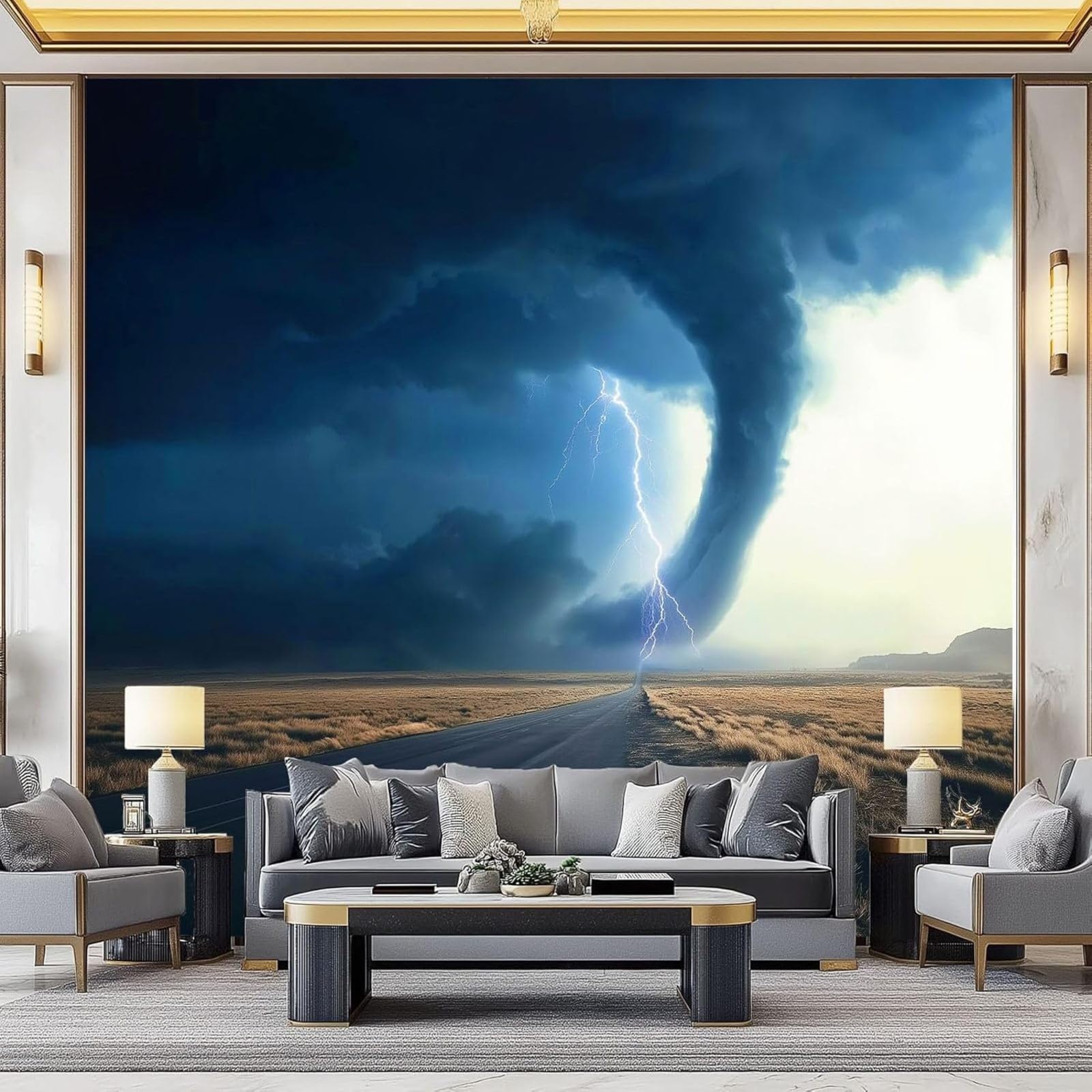 pdghsdkgjh Dark Blue Grassland Tornado Photo Wallpaper, 3D Wall Mural for Bedroom, Living Room, Sofa or TV Background - Wall Decoration, 250cm x 175cm Stickers - Frameless Painting - Poster