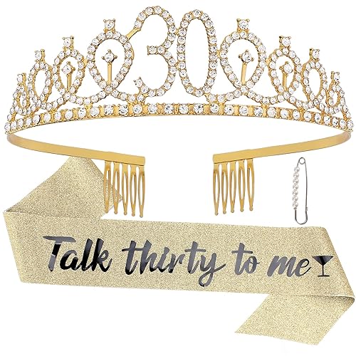 Kit de tiara de 30 cumpleaños y tira de diamantes de imitación, regalos de feliz cumpleaños número 30 para mujeres, decoraciones de fiesta de