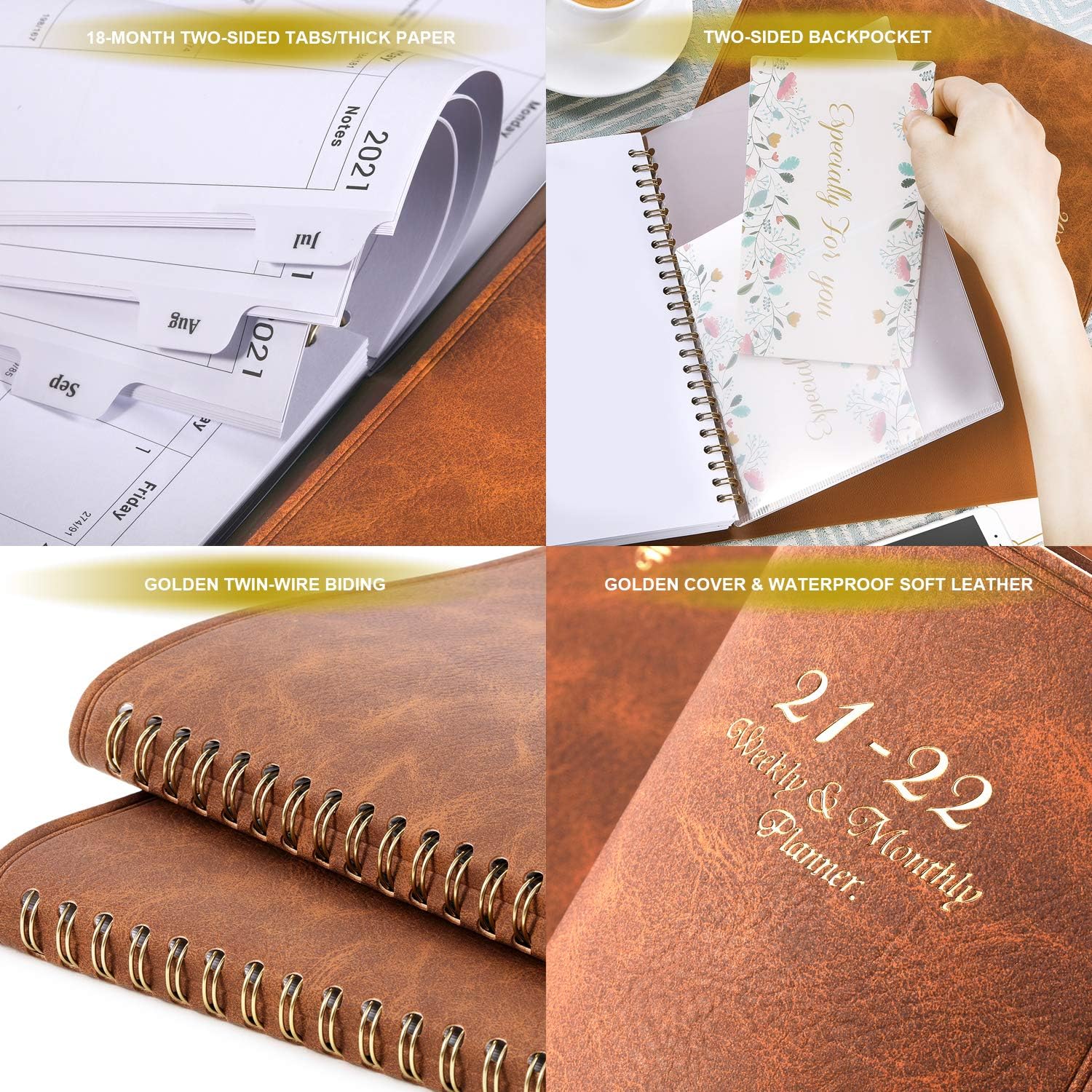 2021-2022 Planner - Weekly & Monthly Planner with Tabs, 6.5" x 8.7", Soft Leather Cover with Back Pocket + Thick Paper with Marked Holidays + Twin-Wire Binding - Brown : Office Products