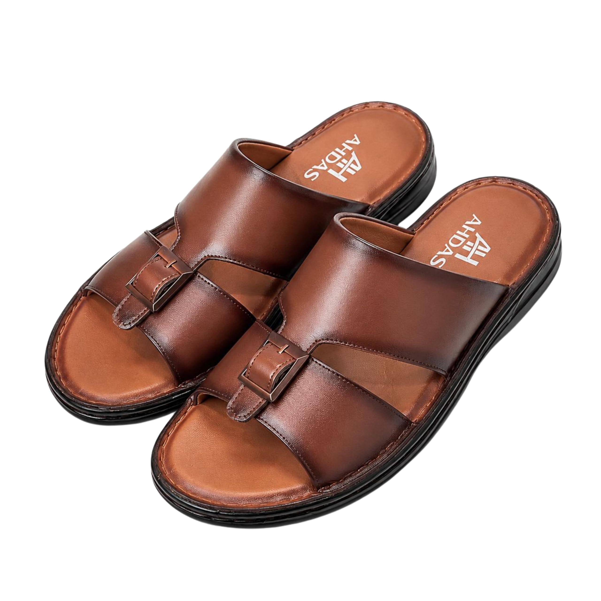 Men Brown Genuine Leather Slip-On Slippers | Buckle Design Open Toe Sandals | Cushioned Footbed | Comfortable TPR Sole | Ethnic & Casual Daily Wear-image-28