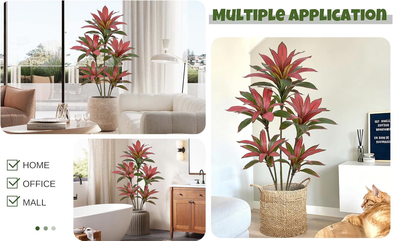 Artificial Red Dracaena Tree 5FT with 78 Leaves & 5 Heads & White Planter Cover with Coconut Fiber Tall Faux Tropical Silk Bicolor Plant 60 Inch for Indoor Home Office Porch Mall Hotel Decor - Image 8
