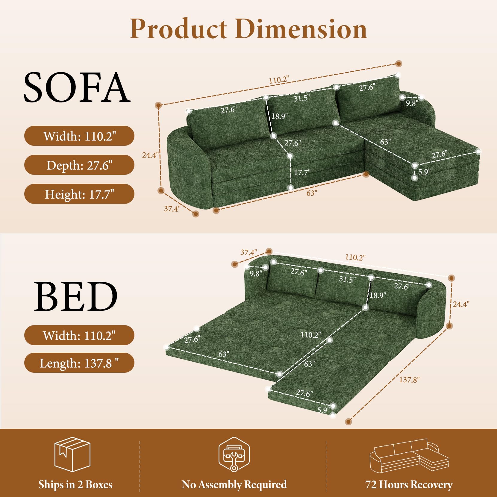 Vesgantti 6 in 1 Convertible Folding Sleeper Sofa Bed, No Assembly, Green | 110.2" L Shaped Modular Sectional Sofa, Curved Armrest, Deep Seat Boneless Couches for Living Room, Chenille, Right Facing