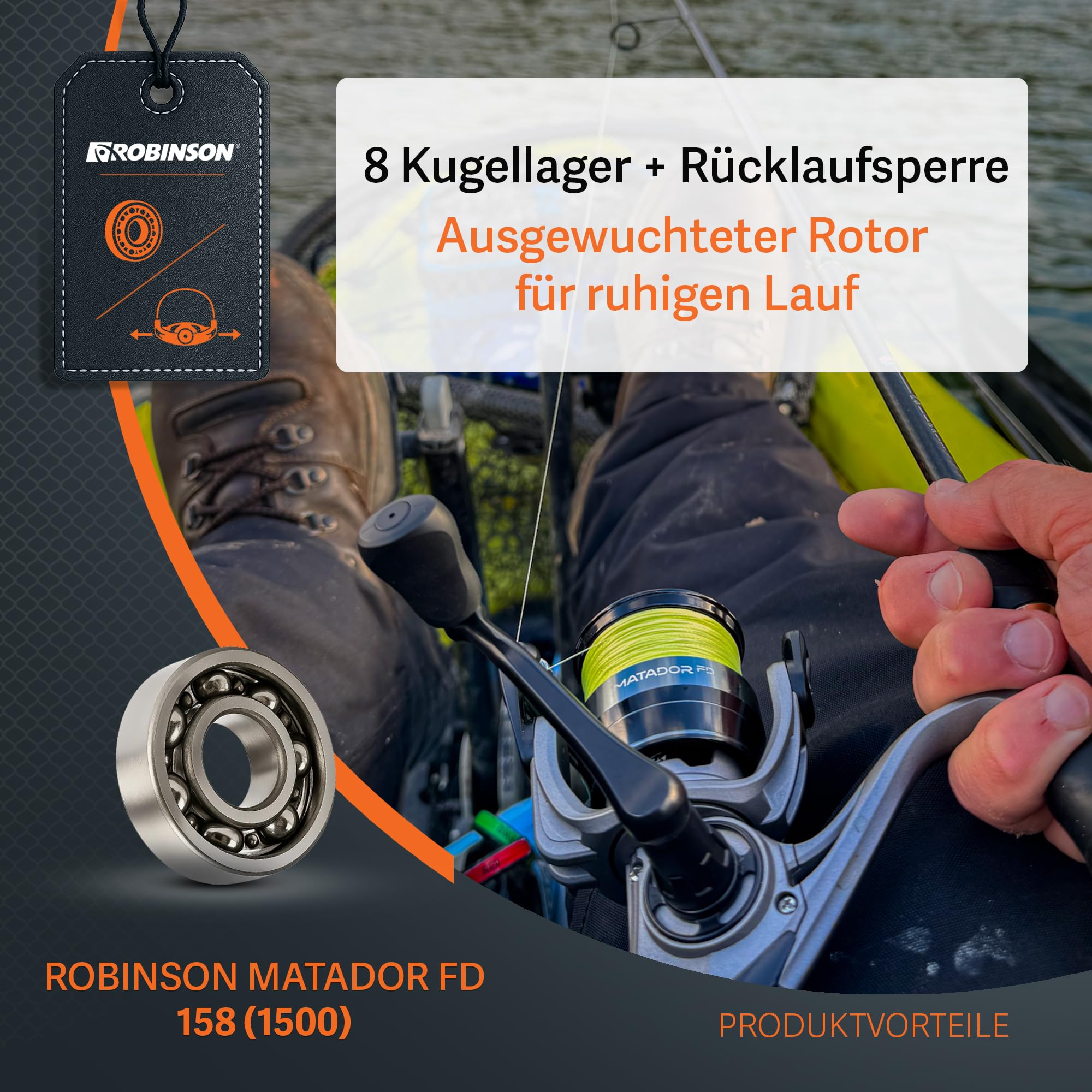 Robinson Angelrolle - Spinnrolle mit Präzisem Slow Oscillation System - Doppelt gelagerte Hauptwelle - 8 Lager - Duraluminium Spule - Leichtbau Graphitgehäuse - Matador
