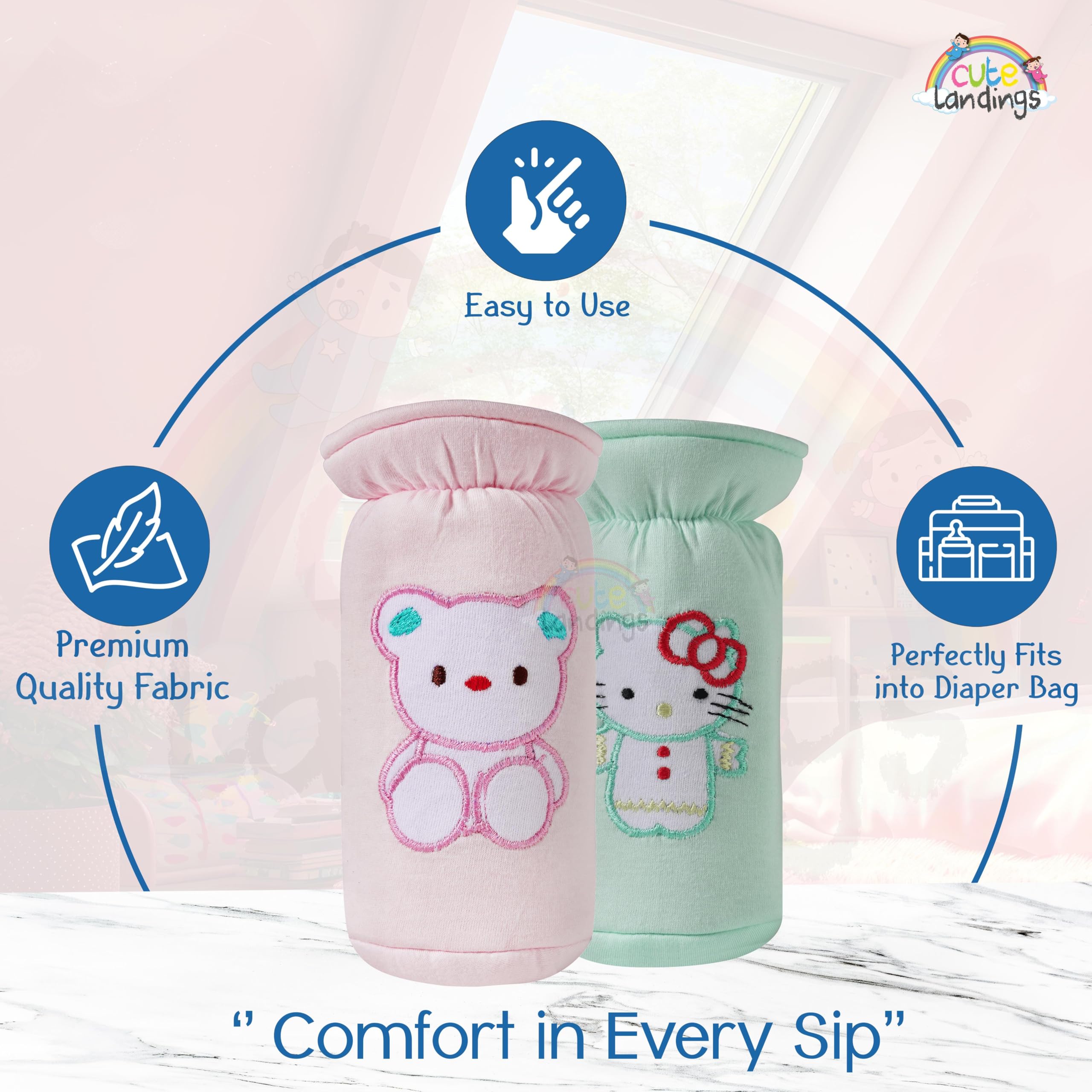 CUTE LANDINGS Soft Cotton Baby Feeding Bottle Cover| Tote Bags, Pouch| Hanging Loop On Neck, Washable & Reusable| Easy To Grip| Stretchable Neck (Suitable For 125, 150 To 250 ML), Multicolor 1