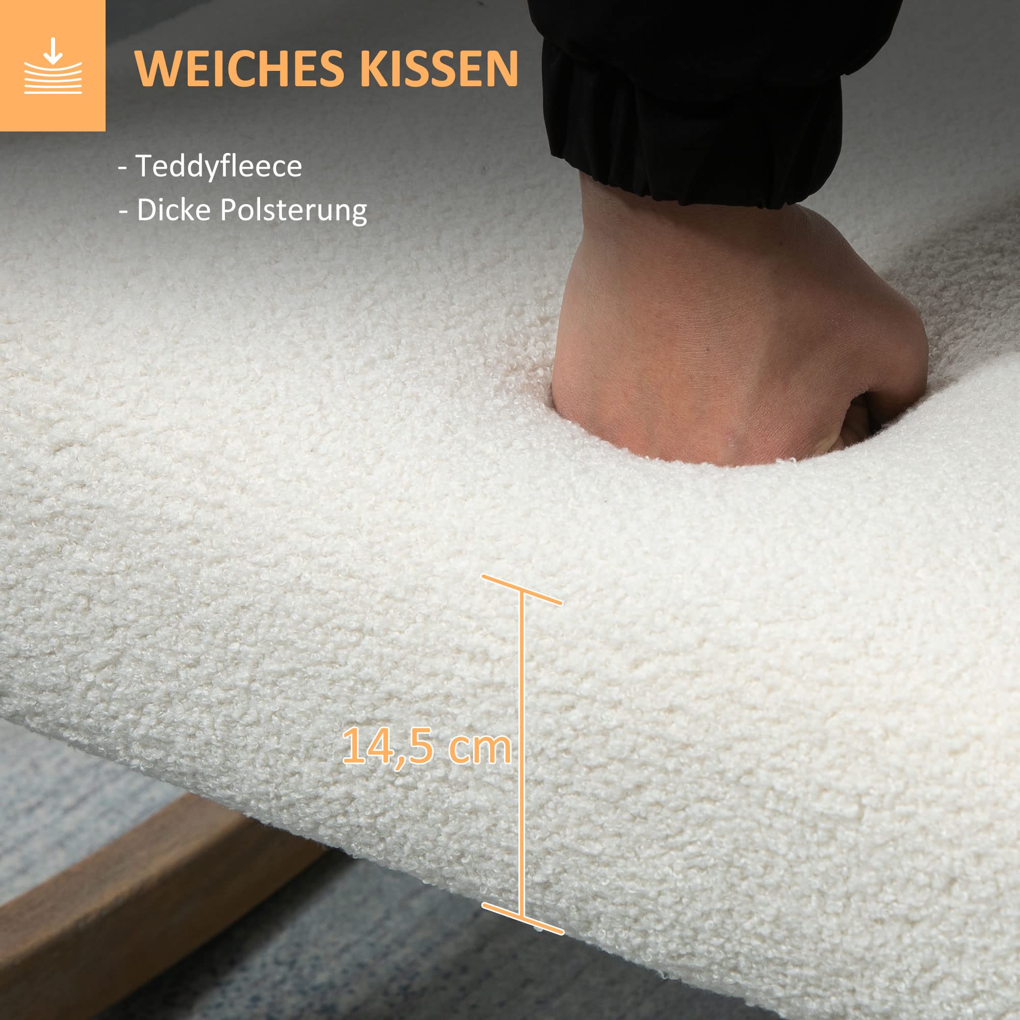 HOMCOM schommelstoel met houten frame, gestoffeerd, relaxstoel, fauteuil, woonkamerstoel, salon met gestoffeerde zitting, rubberhout, crème wit, 60 x 81 x 71 cm