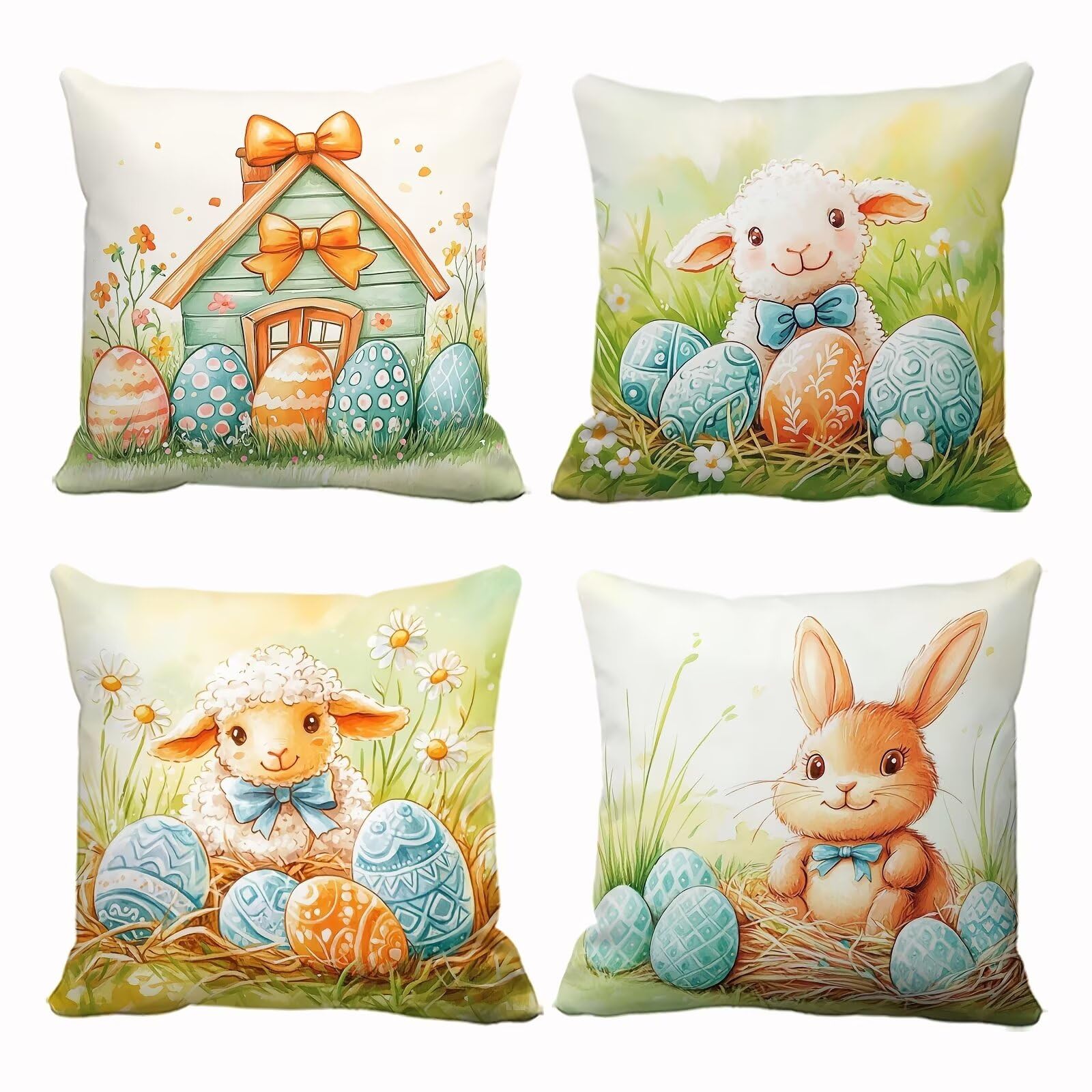 Fundas de Cojines 60x60 cm, Juego de 4 Fundas para Cojines Decorativas de Lino, Conejos Huevos Pascua, Fundas de Almohada para Sofá, Silla y Decoración de Interiores