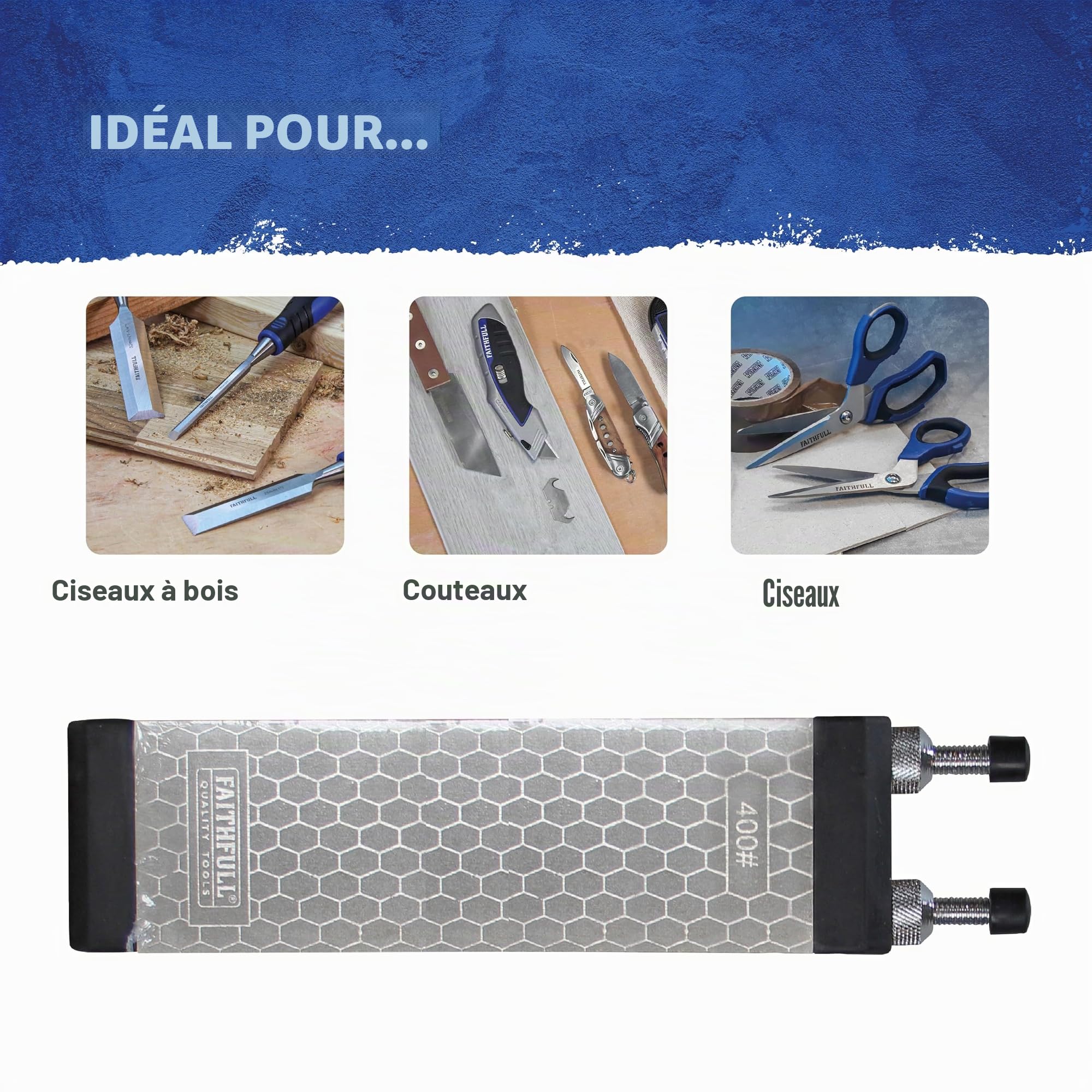 Kit de pierre à aiguiser diamantée double face Faithfull – Pierre à aiguiser avec station d'accueil et étui de rangement, grain 400 g / 1000 g pour ciseaux, fers de rabot et lames – 200 x 70 mm