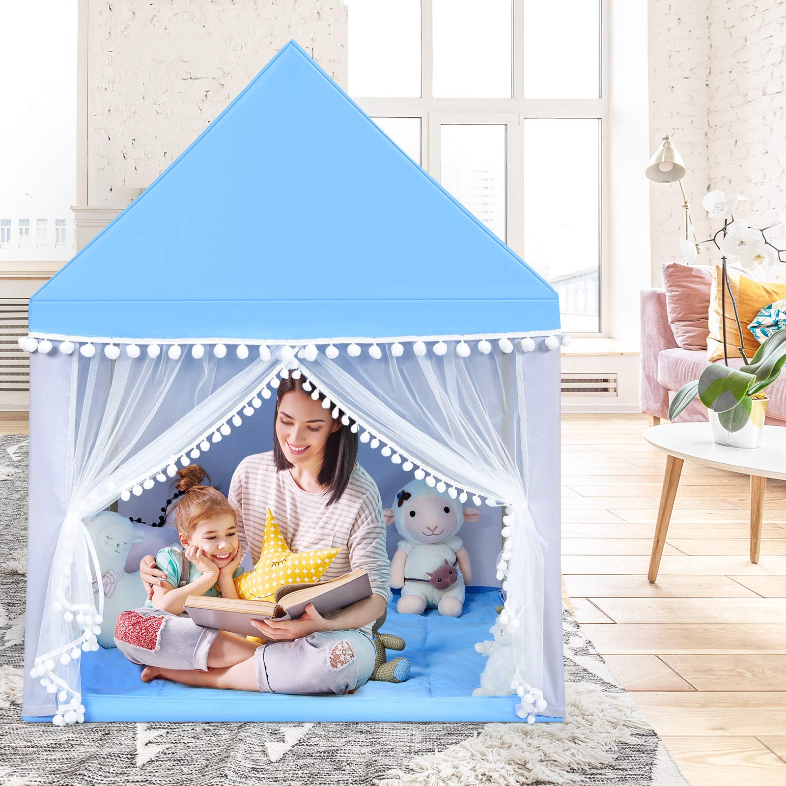 RELAX4LIFE Kinderspielzelt für Jungen & Mädchen, Spielhaus Prinzessin Prinzess, Kinderzelt mit Fenster & Matte, Spielzelt Kinder, für Indoor & Outdoor, 105 x 120 x 140 cm, Geschenk für Kinder (Blau)