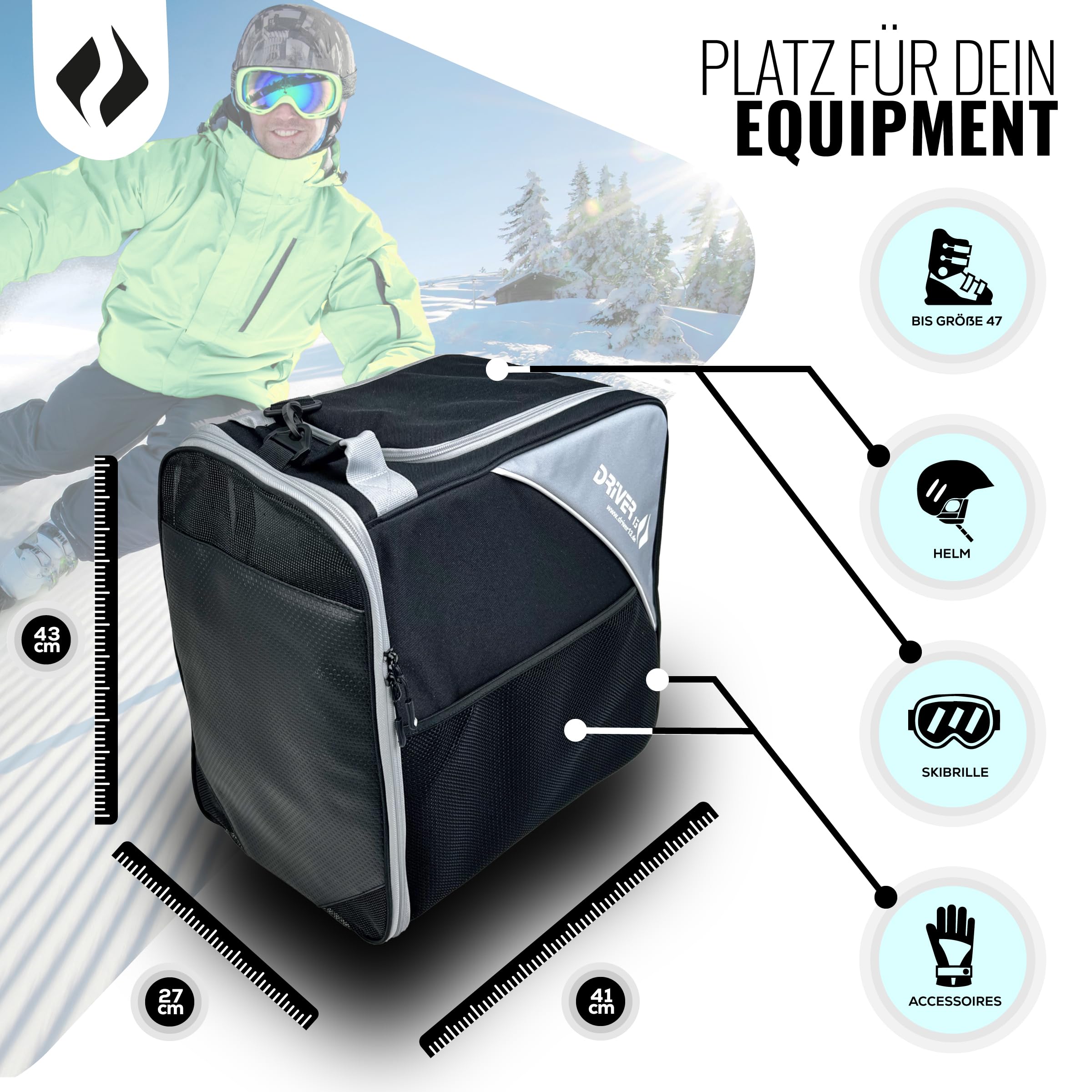 Driver13 ® Bolsa para Botas de Esquí con Compartimento para Casco, Negro-Gris