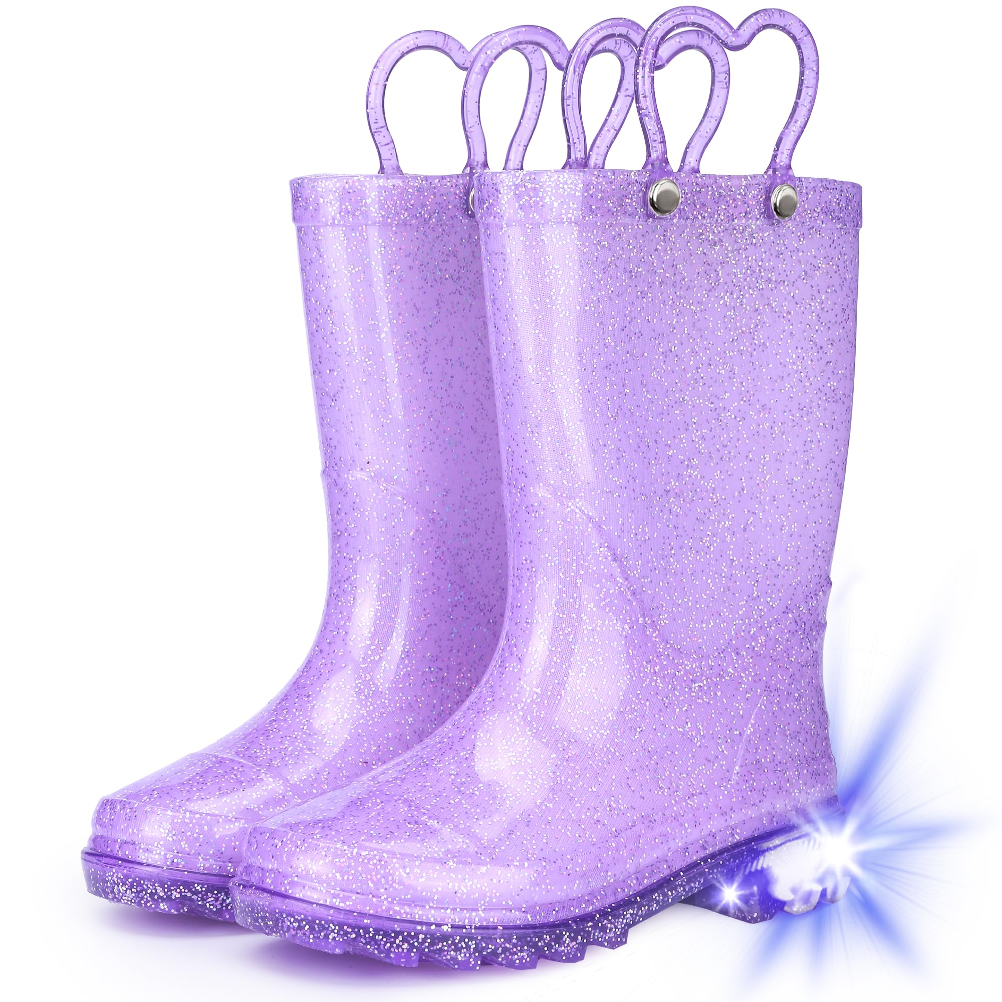 Funspread Toddler Rain Boots Girls Rain Boots - Glitter Light Up Kids Rain Boots with Easy-On Handles Lightwight Waterproof Rain Shoes(Toddler/Little/