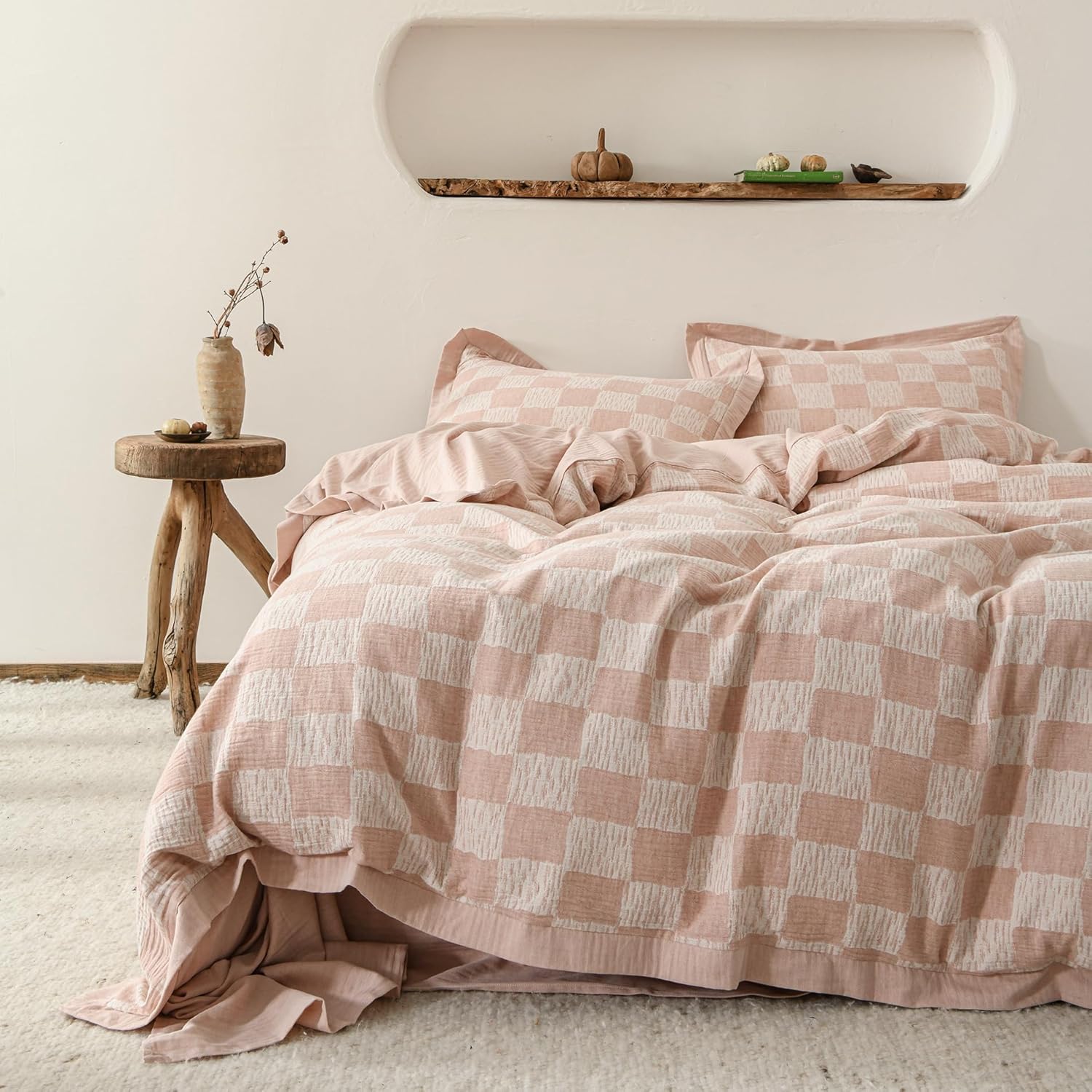 SUSYBAO Pink Plaid Duvet Cover Queen Cotton Linen 3 Pcs Set 1 Double Yarn Textured Duvet Cover with Zipper Ties 2 Pillow Shams Stylish Hemmed Design Peach Pink Checkered Jacqaurd Bedding Set Soft