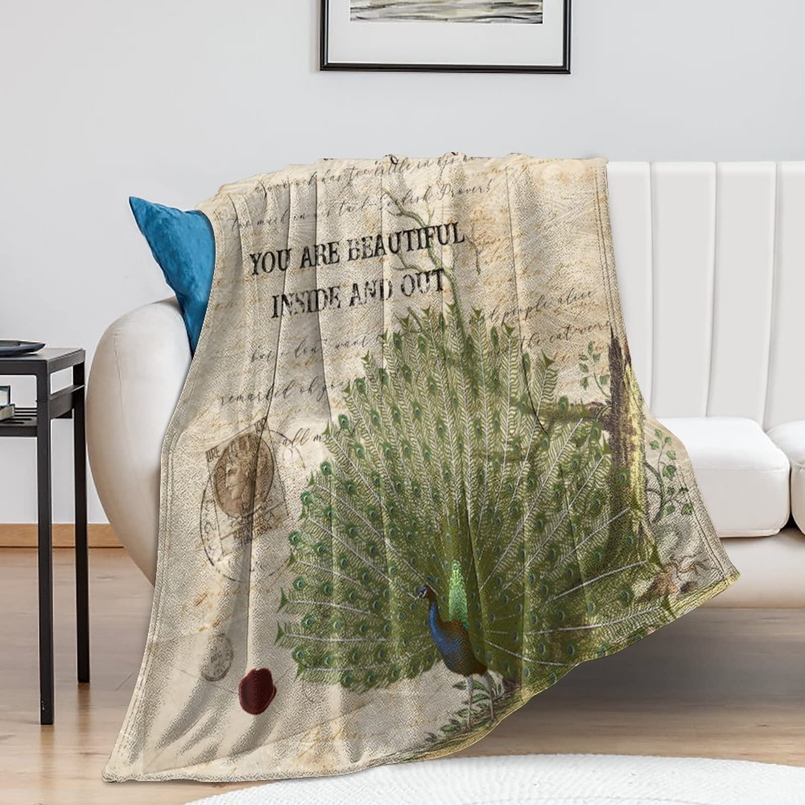 Couverture en peluche paon style campagnard motif floral plaid de canapé 127x152 cm