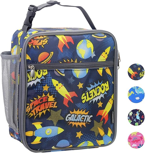 FEYG Lunch Bag for Kids, Insulated Rocket Blue Lunch Box Snack Box with Strap & Side Mesh Pocket, for Boys Girls, Child Thermal Tote Cooler Bag Portable Leak Proof for School Picnic Outdoor or Work