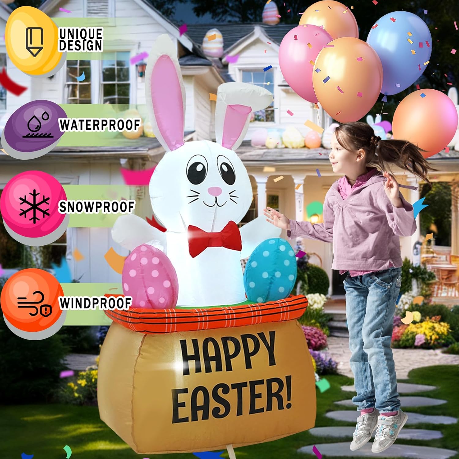4FT Easter Outdoor Inflatable Decoration Bunny with Eggs and Sitting on a Flower Basket Built-in LED Light, Easter Blown Up Yard Decoration Indoor and Outdoor Garden Lawn Holiday Party Decoration