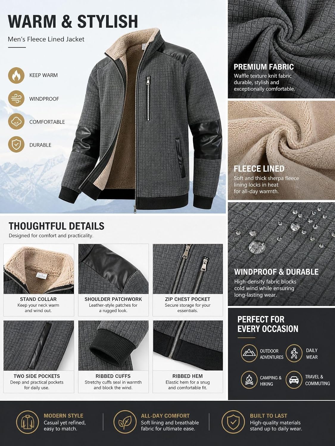 Mens Fleece Jacket Casual Bomber Jacket Varsity Coat