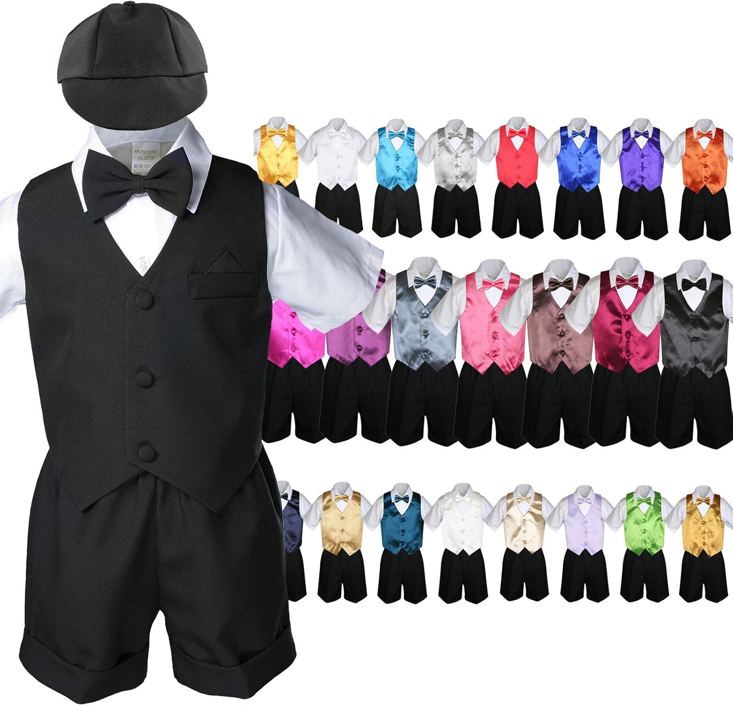7pc Baby Boy Black Formal Shorts Suits Extra Color Vest Bow Tie Sets S-4T (3T, Gold)