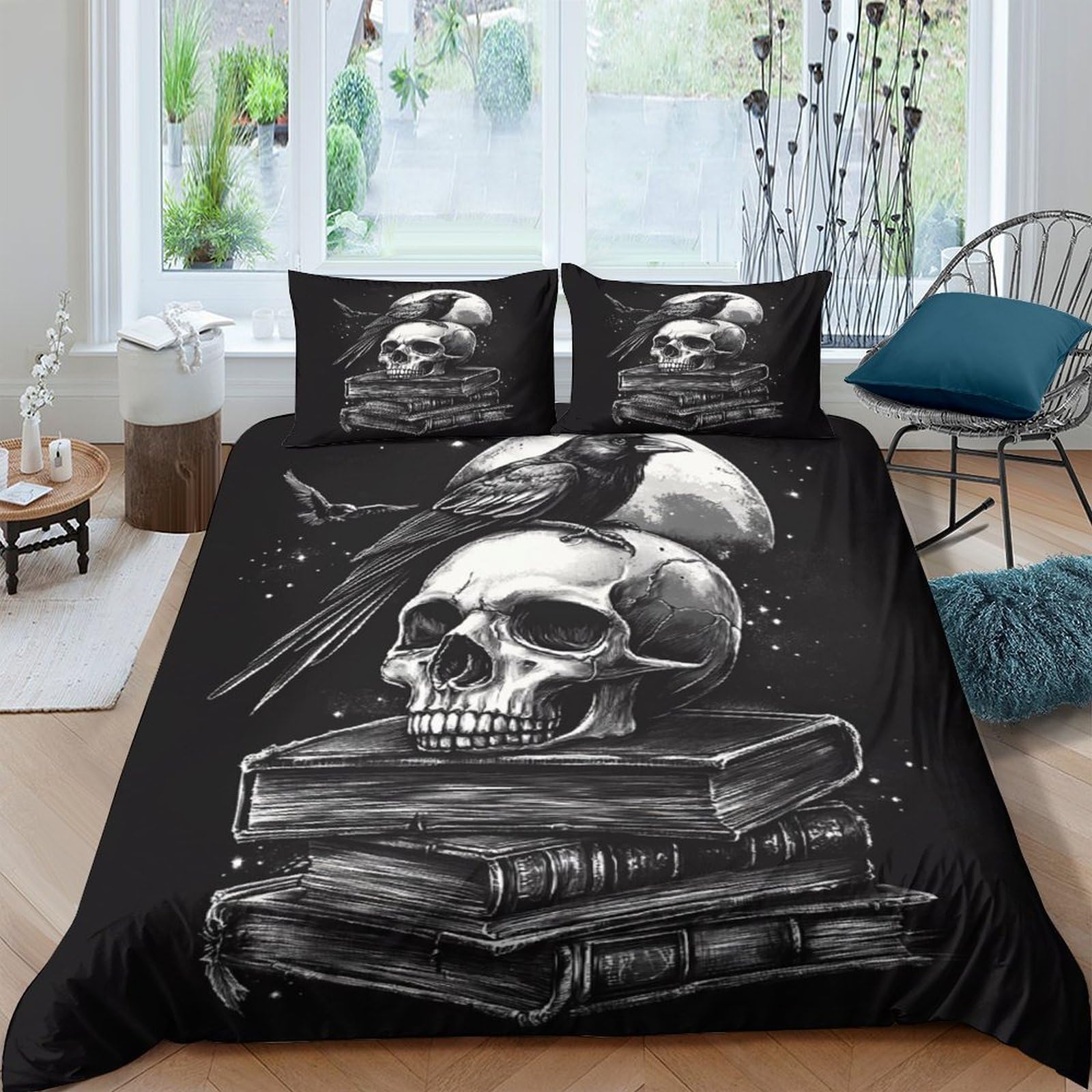 Ctjqhvkz Style-2 3D Printed Skull And Crow Fitted Sheet Microfiber Black Gothic Books Mattress Cover For Bedroom Guest Room Decor Single（135X200cm）