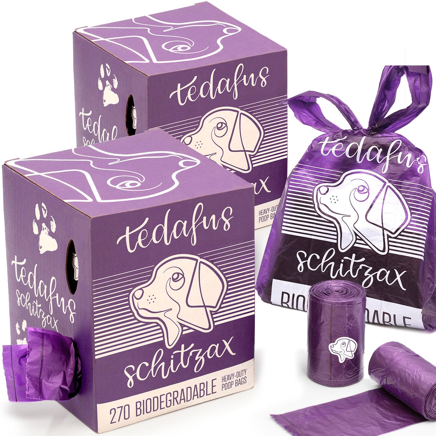 TEDAFUS Dog Poo Bags | Eco Biodegradable Poop Bags | Thick Dispenser Refill Rolls with Tie Handles | Strong Bags | 100% Leak-Proof Unscented Sacks (Purple, 2 Boxes - 540)