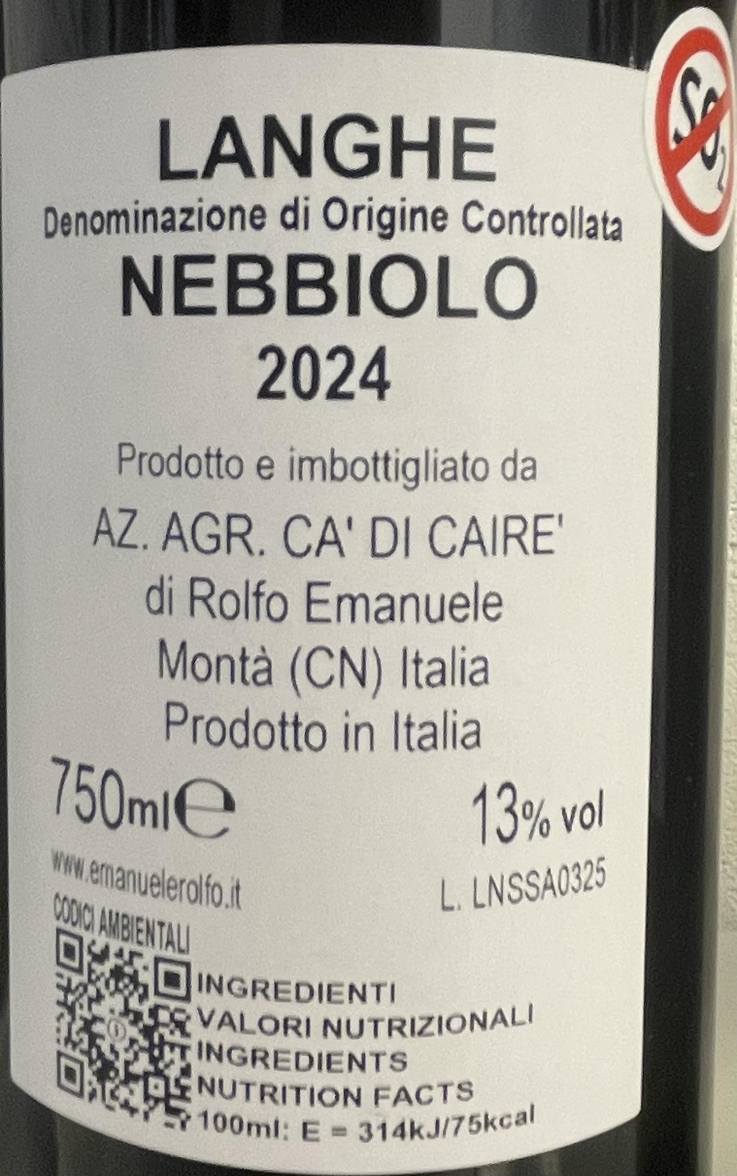 Nebie 2024 Langhe DOC Nebbiolo Confezione da 6 Bottiglie | Senza Solfiti Aggiunti