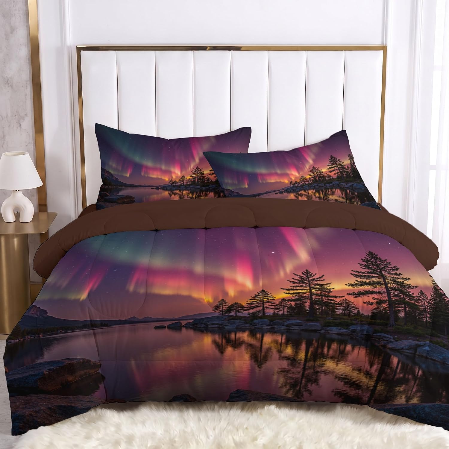 Natural Aurora Comforter Set King Size, Forest Lake Bedding Set for Girls Boys, Neon Purple Quilt Bed 104"X90" Bedding Comforter Sets with 2 Pillowcase Room Decor
