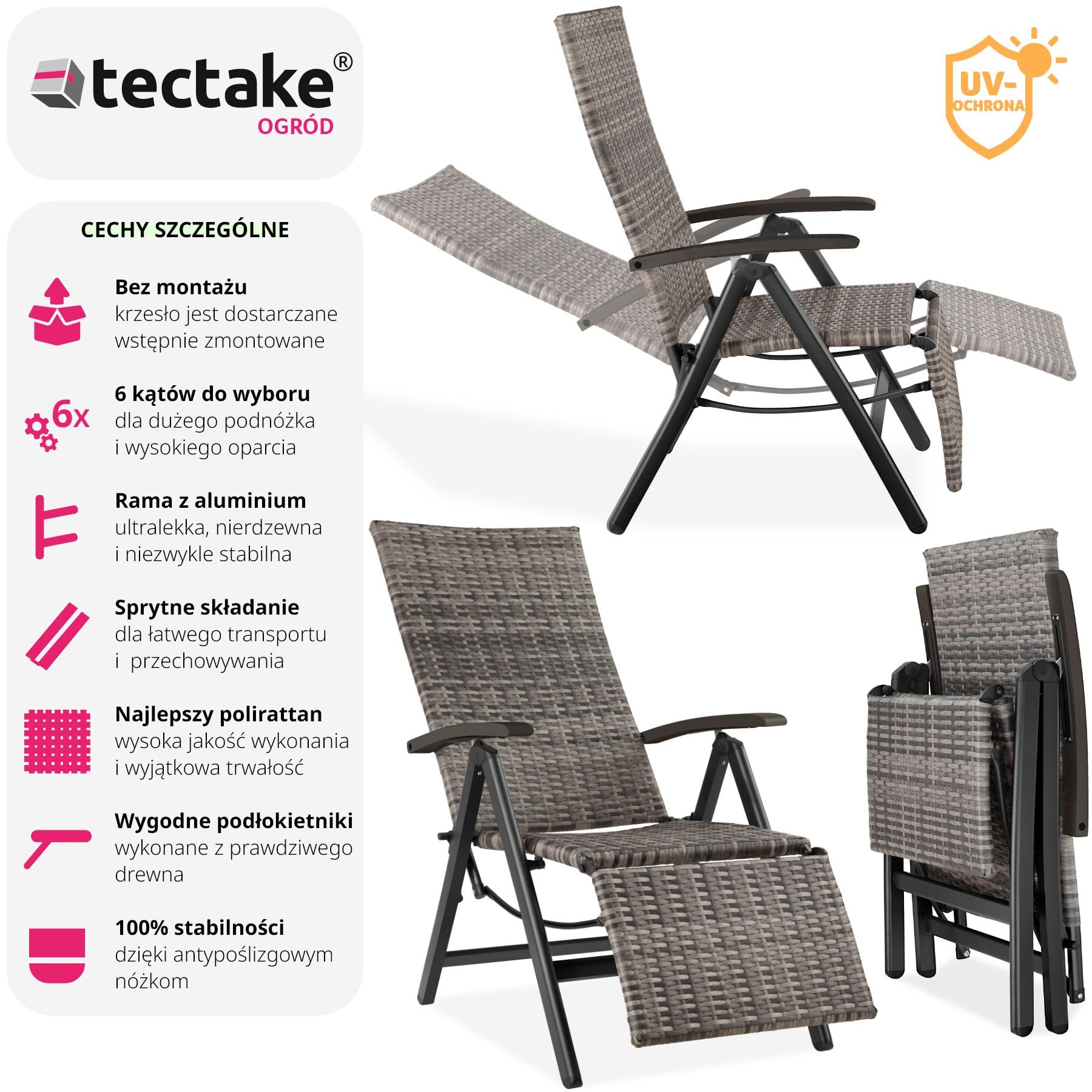 tectake®, Składany Fotel Ogrodowy, Rattanowe Krzesło Relaksacyjne, Regulacja Oparcia, Podnóżek, Plecionka UV, Aluminium, Antypoślizgowe Nóżki, Leżak Plażowy, Balkonowy, Na Taras (Szary)