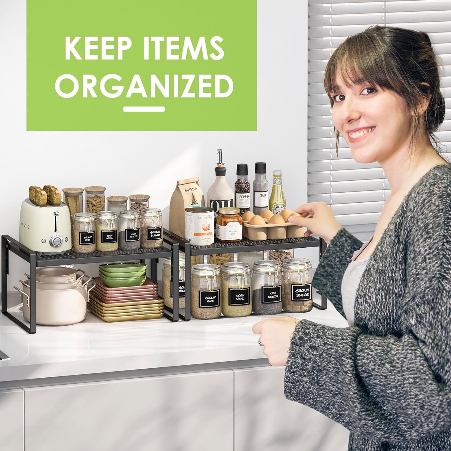 2 Pack Kitchen Countertop Organizer, Stackable Cabinet Shelf Organizer, 2 Tier Adjustable Kitchen Counter Shelves Riser For Pantry Cupboard Bathroom Organization And Storage, Desk Shelf,Spice Rack - Image 2