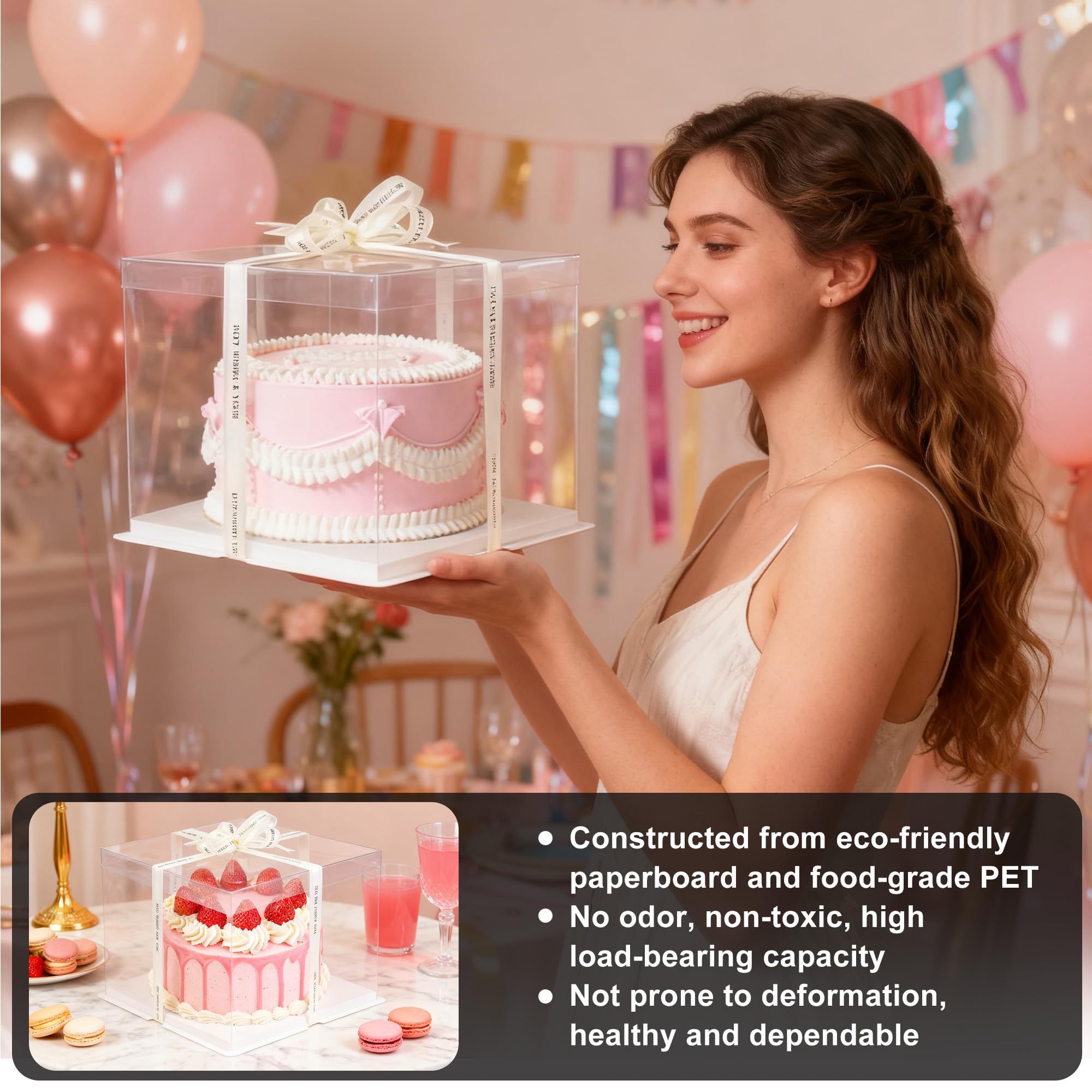 JIYANA 2 scatole per torta trasparenti 30 x 30 x 25 cm con 2 nastri, Scatole Trasparenti Per Bomboniere per torte da 10 pollici, adatte per compleanni, matrimoni, feste, confezioni regalo