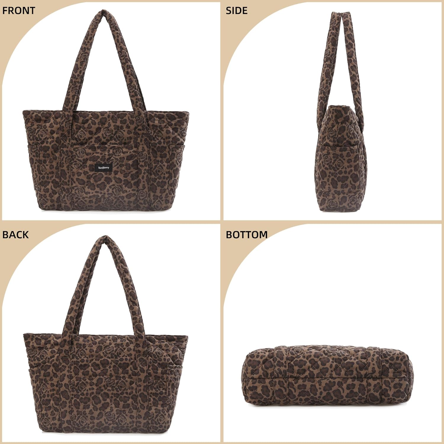 Quilted Leopard Tote Bag for Women, Cheetah Tote Bag with Zipper, Leopard Print Quilted Cotton Shoulder Bag for College Travel Gym, Women's Gifts for Sister Teachers Moms | Leopard Cheetah Bag