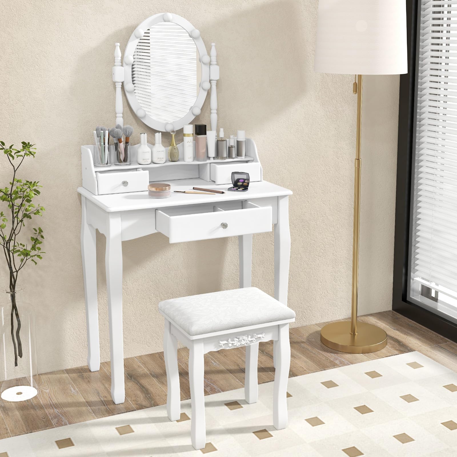 HOMASIS Toeletta da trucco con specchio girevole a 360°, tavolo da toeletta con sgabello in legno, tavolo cosmetico con 3 cassetti e 3 modalità di illuminazione, per camera da letto, 75 x 40 x 143,5
